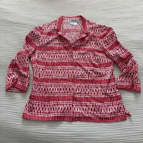 Vintage Carlisle Blouse Womens Size 14 Red White 100% Silk Tunic Button Front - Picture 1 of 8
